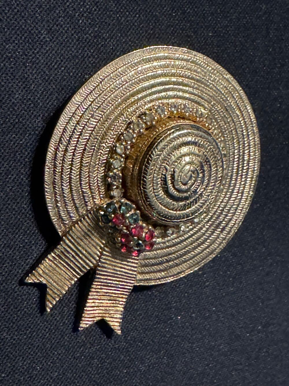 Vintage Ciner Gold Tone Straw Hat Faux Ruby, Sapphire, Rhinestone Brooch